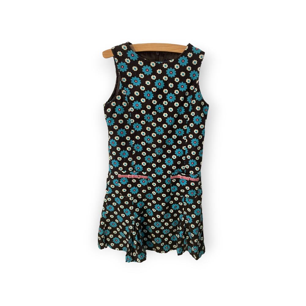 MINI BODEN Girls Size 11-12 Brown teal Corduroy Jumper Dress Floral Zip Up Back